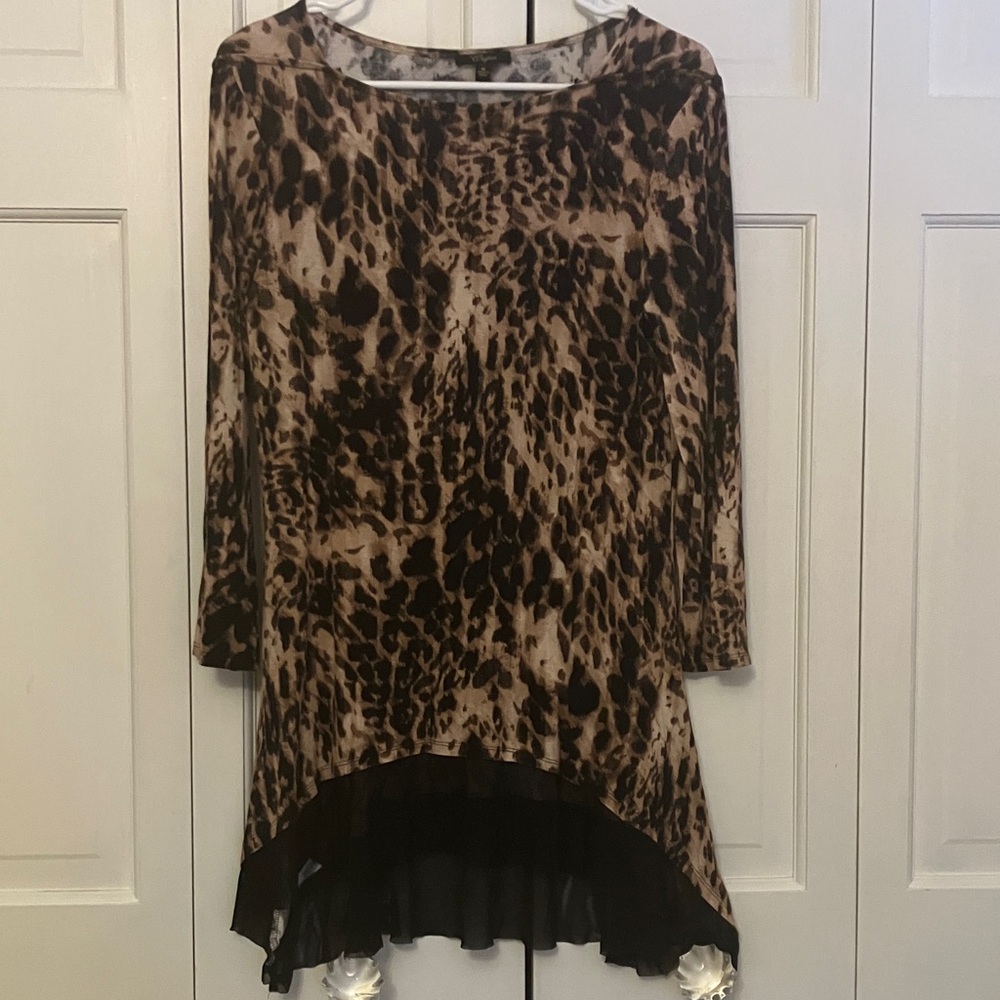 Animal Patterned Print with Black Mesh Flowing Hem Top